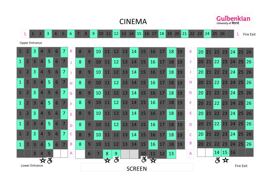 Cinema seating plan Sep 2020_single seats Cap 81 Gulbenkian