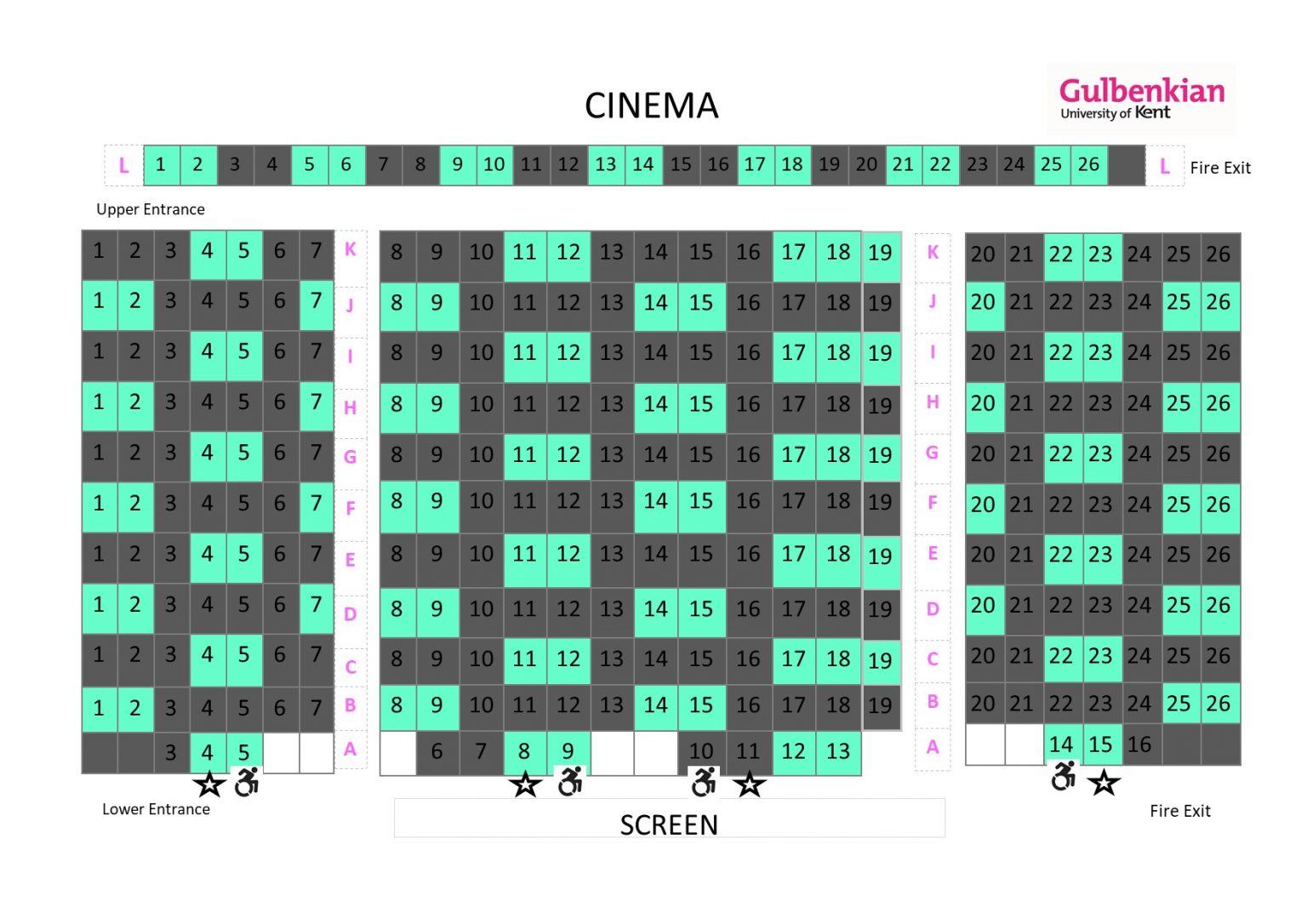 Cinema seating plan Sep 2020_socially distanced cap 115 Gulbenkian