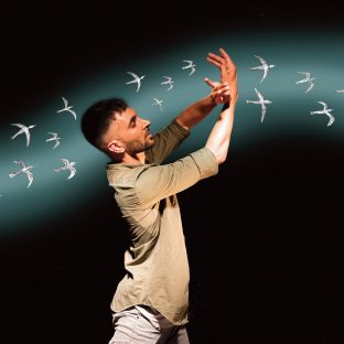 Dancer moves his arms through light as animated birds fly past