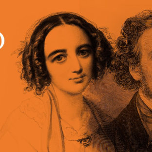 an orange image of 2 classical musicians