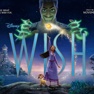 a woman in a purple dress points a wand up to the sky with a golden retriever at her feet.