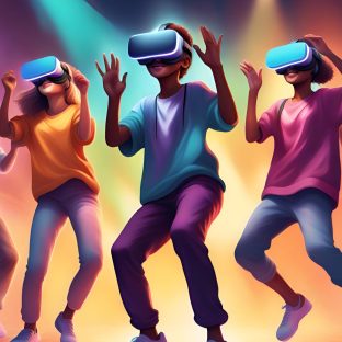 An AI generated image of 5 young people wearing VR headsets with rainbow strobe lights behind them.