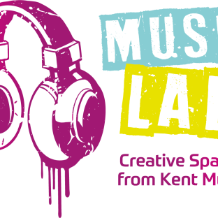 Pink headphone with text that says 'Music lab'
